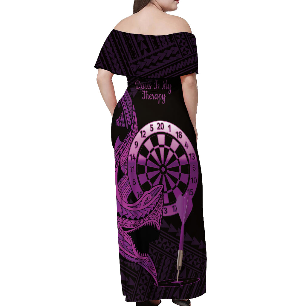 Aloha Hawaii Darts Off Shoulder Maxi Dress Dart Board With Polynesian Shark - Purple
