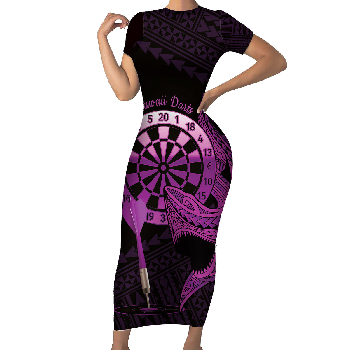 Aloha Hawaii Darts Short Sleeve Bodycon Dress Dart Board With Polynesian Shark - Purple