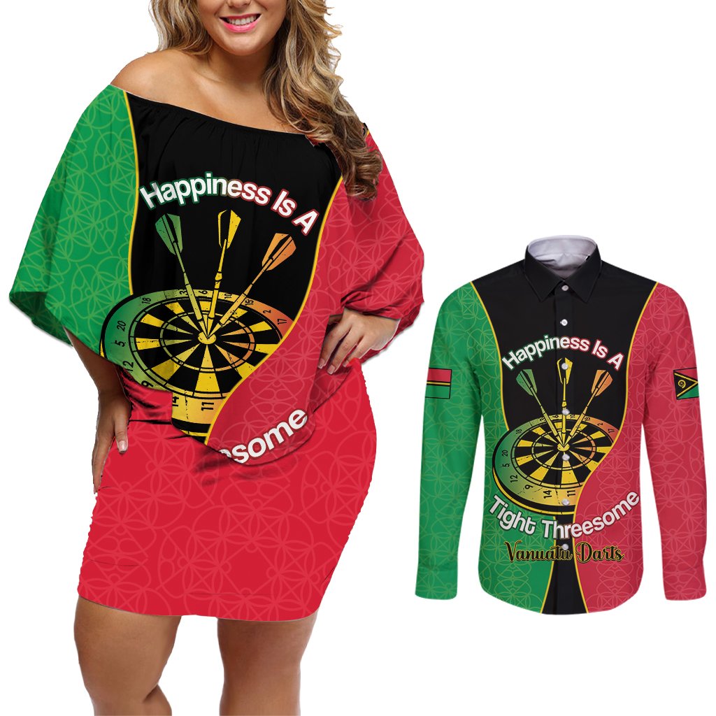 Personalised Vanuatu Darts Couples Matching Off Shoulder Short Dress and Long Sleeve Button Shirt Happiness Is A Tight Threesome Sand Drawing Art LT14 Red - Polynesian Pride
