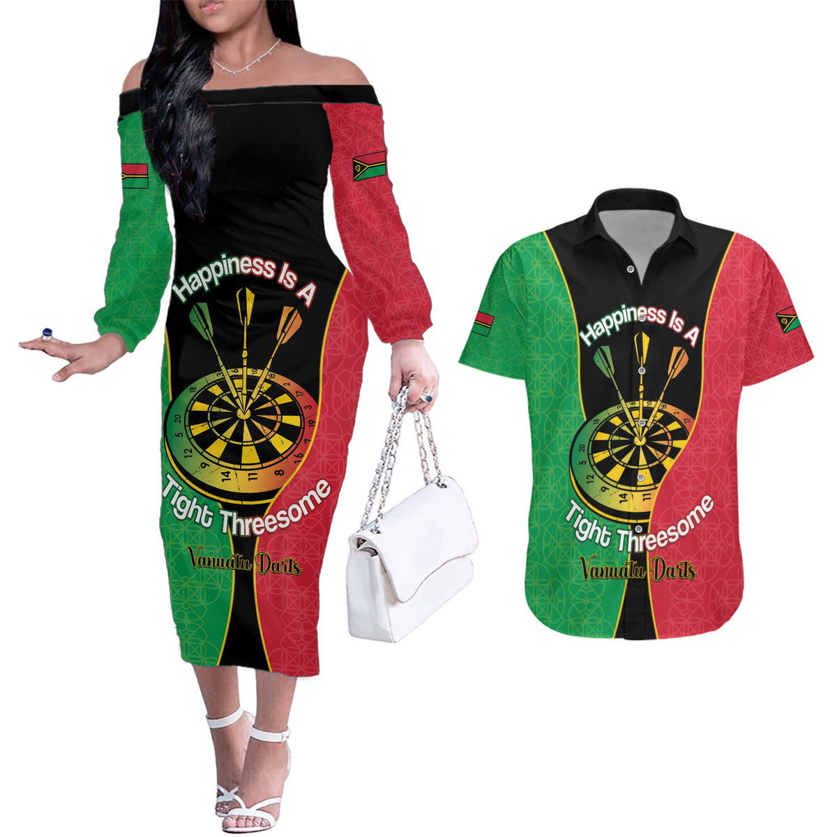 Personalised Vanuatu Darts Couples Matching Off The Shoulder Long Sleeve Dress and Hawaiian Shirt Happiness Is A Tight Threesome Sand Drawing Art