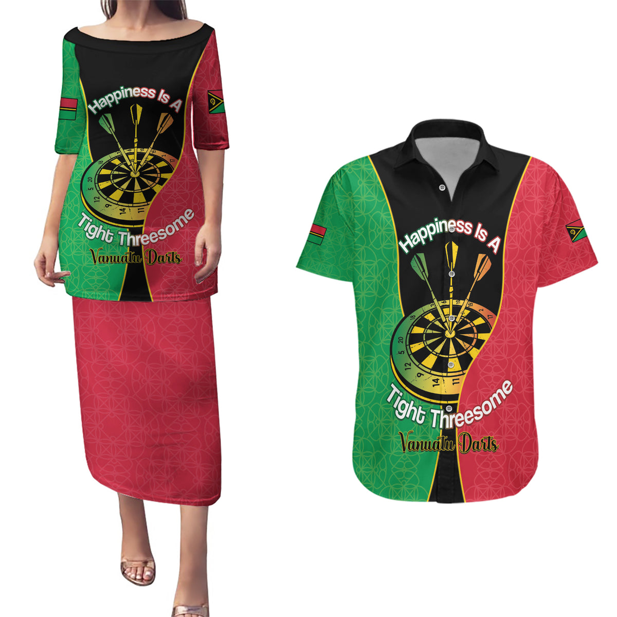Personalised Vanuatu Darts Couples Matching Puletasi and Hawaiian Shirt Happiness Is A Tight Threesome Sand Drawing Art LT14 Red - Polynesian Pride
