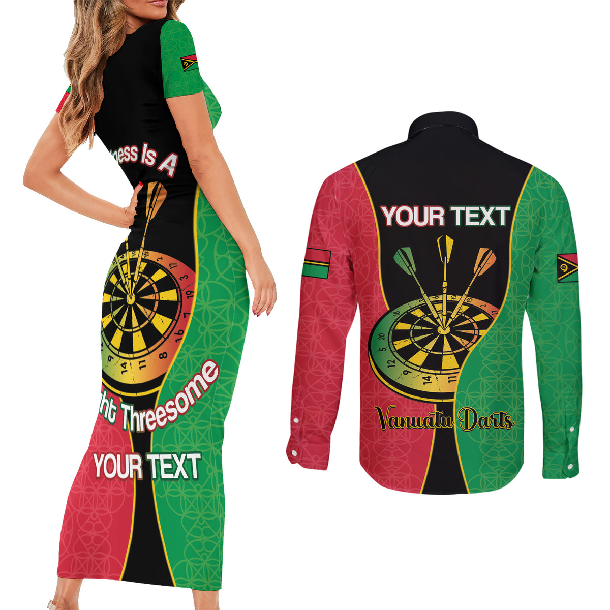 Personalised Vanuatu Darts Couples Matching Short Sleeve Bodycon Dress and Long Sleeve Button Shirt Happiness Is A Tight Threesome Sand Drawing Art LT14 - Polynesian Pride