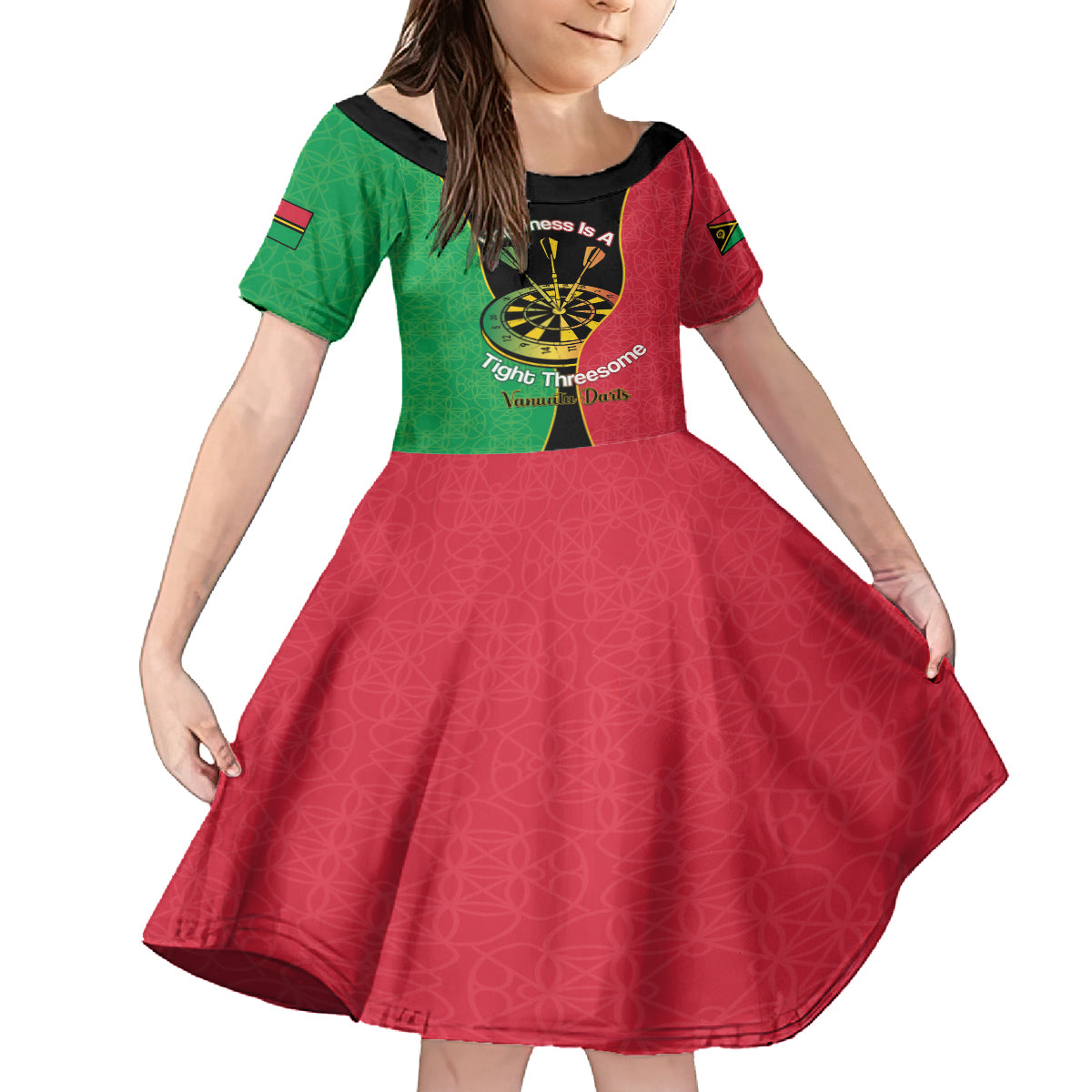 Personalised Vanuatu Darts Family Matching Puletasi and Hawaiian Shirt Happiness Is A Tight Threesome Sand Drawing Art LT14 Daughter's Dress Red - Polynesian Pride