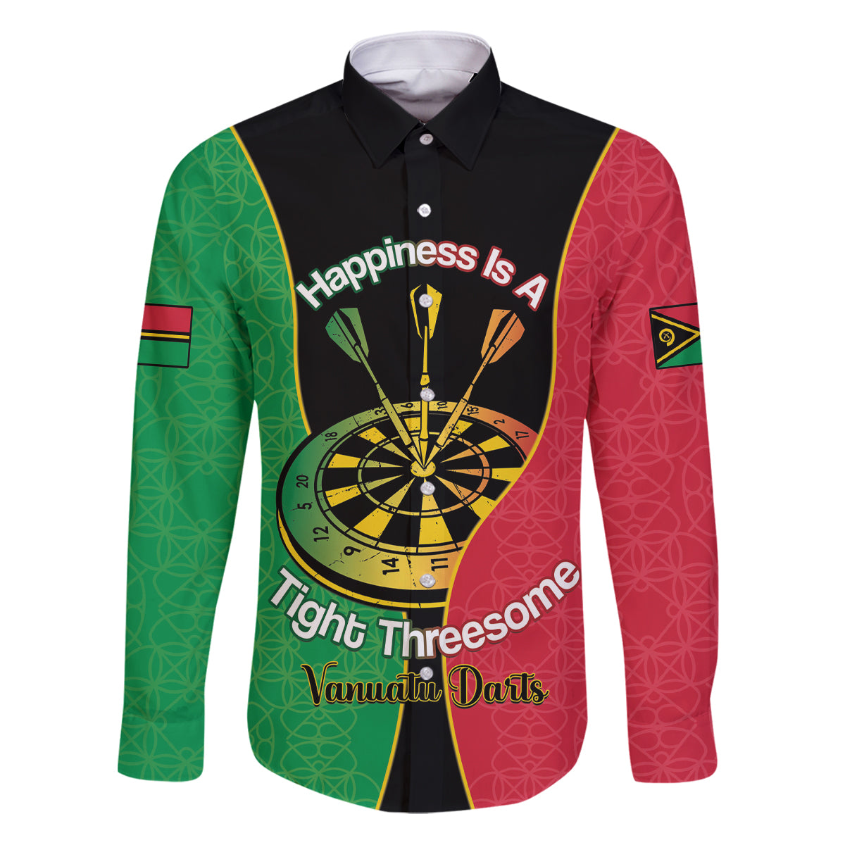 Personalised Vanuatu Darts Family Matching Puletasi and Hawaiian Shirt Happiness Is A Tight Threesome Sand Drawing Art LT14 Dad's Shirt - Long Sleeve Red - Polynesian Pride