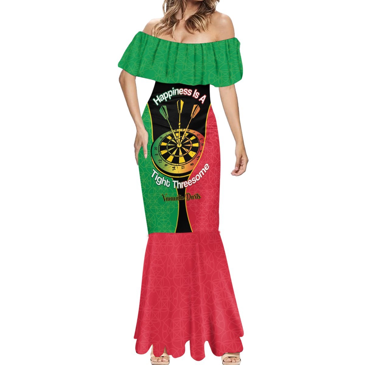 Personalised Vanuatu Darts Mermaid Dress Happiness Is A Tight Threesome Sand Drawing Art LT14 - Polynesian Pride
