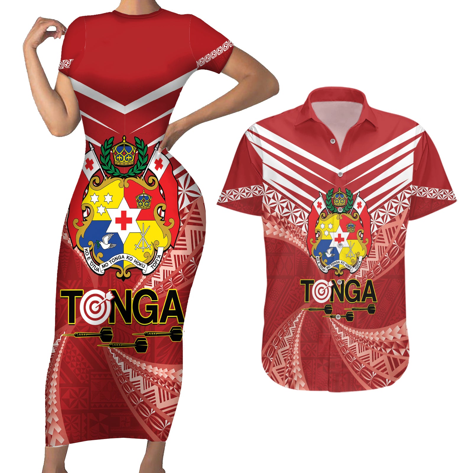 Tonga Darts Couples Matching Short Sleeve Bodycon Dress and Hawaiian Shirt Tongan Ngatu Pattern