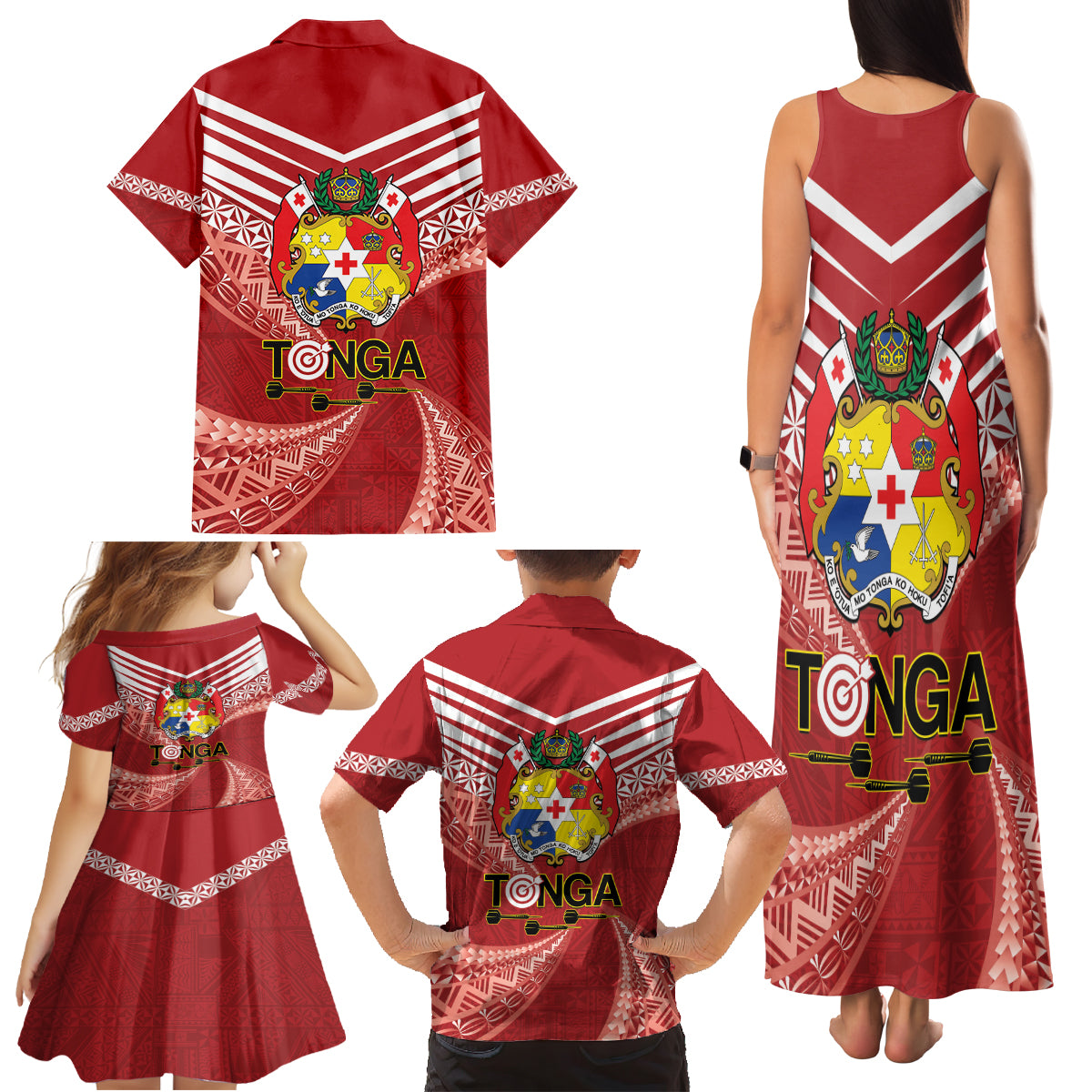 Tonga Darts Family Matching Tank Maxi Dress and Hawaiian Shirt Tongan Ngatu Pattern