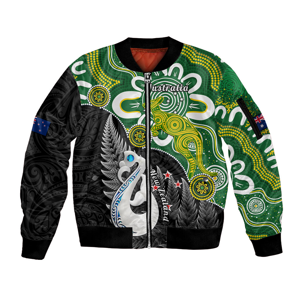 Personalised New Zealand And Australia Sleeve Zip Bomber Jacket Aboriginal Mix Aotearoa Maori Unique Style LT14 Unisex Green - Polynesian Pride