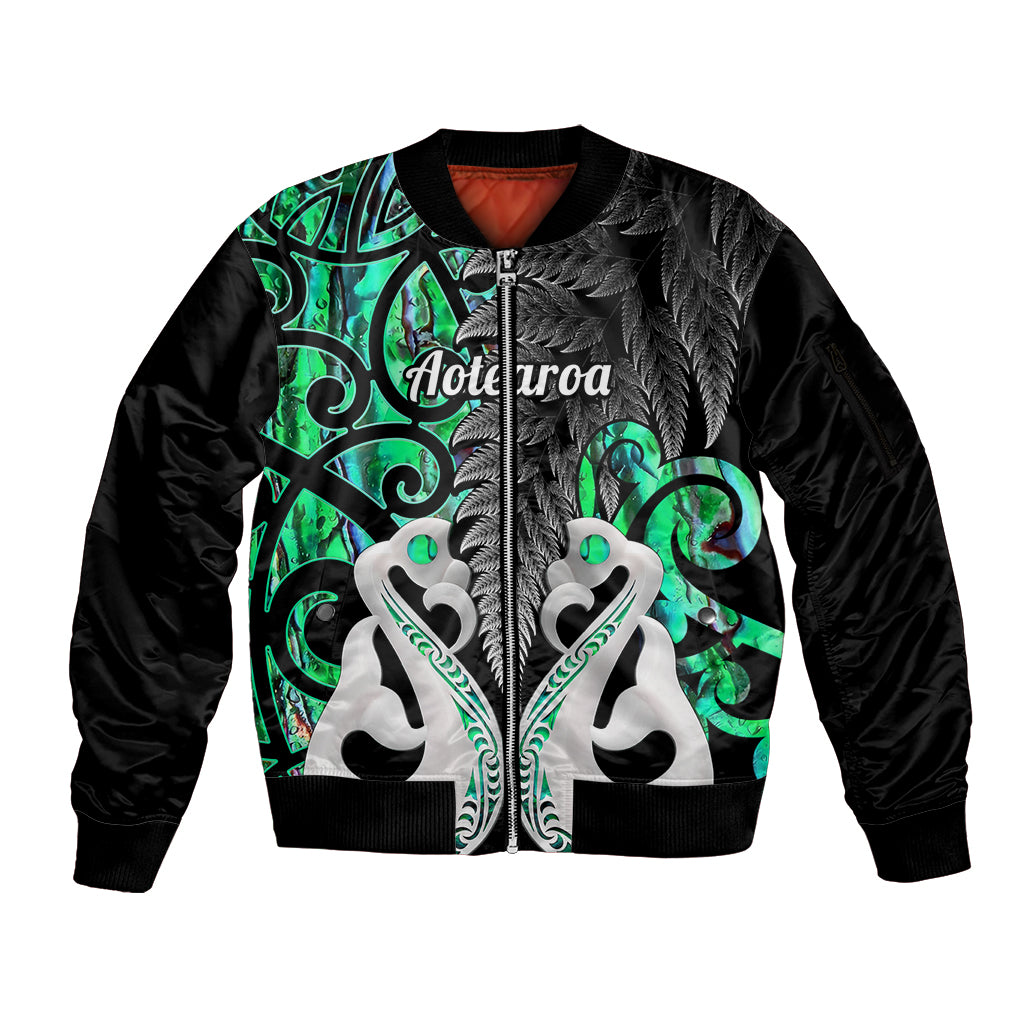 Personalised New Zealand Sleeve Zip Bomber Jacket Te Manaia Mangopare Maori And Fern Green Style LT14 Unisex Green - Polynesian Pride