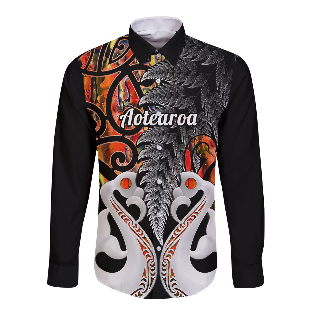 Personalised New Zealand Long Sleeve Button Shirt Te Manaia Mangopare Maori And Fern Orange Style LT14 Unisex Orange - Polynesian Pride