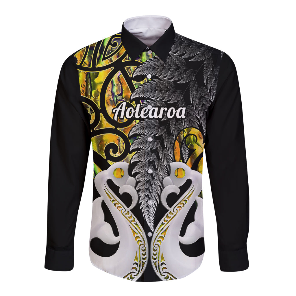 Personalised New Zealand Long Sleeve Button Shirt Te Manaia Mangopare Maori And Fern Gold Style LT14 Unisex Gold - Polynesian Pride