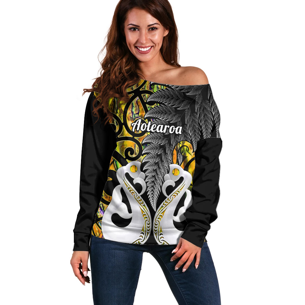 Personalised New Zealand Off Shoulder Sweater Te Manaia Mangopare Maori And Fern Gold Style LT14 Women Gold - Polynesian Pride