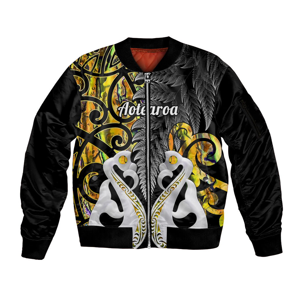 Personalised New Zealand Sleeve Zip Bomber Jacket Te Manaia Mangopare Maori And Fern Gold Style LT14 Unisex Gold - Polynesian Pride