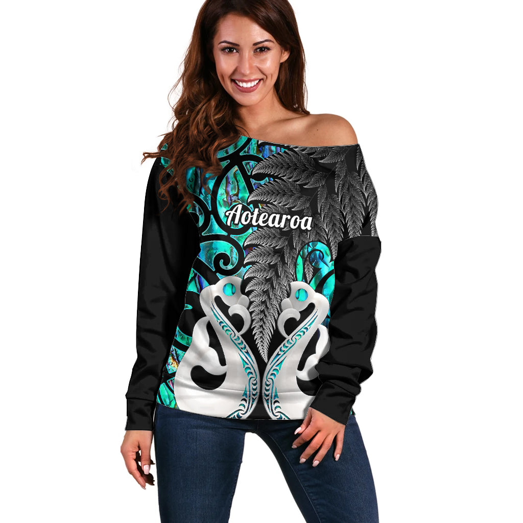 Personalised New Zealand Off Shoulder Sweater Te Manaia Mangopare Maori And Fern Turquoise Style LT14 Women Turquoise - Polynesian Pride