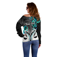 Personalised New Zealand Off Shoulder Sweater Te Manaia Mangopare Maori And Fern Turquoise Style LT14 - Polynesian Pride