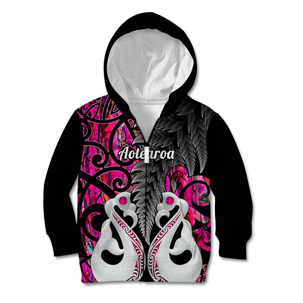 Personalised New Zealand Kid Hoodie Te Manaia Mangopare Maori And Fern Pink Style LT14 Zip Hoodie Pink - Polynesian Pride