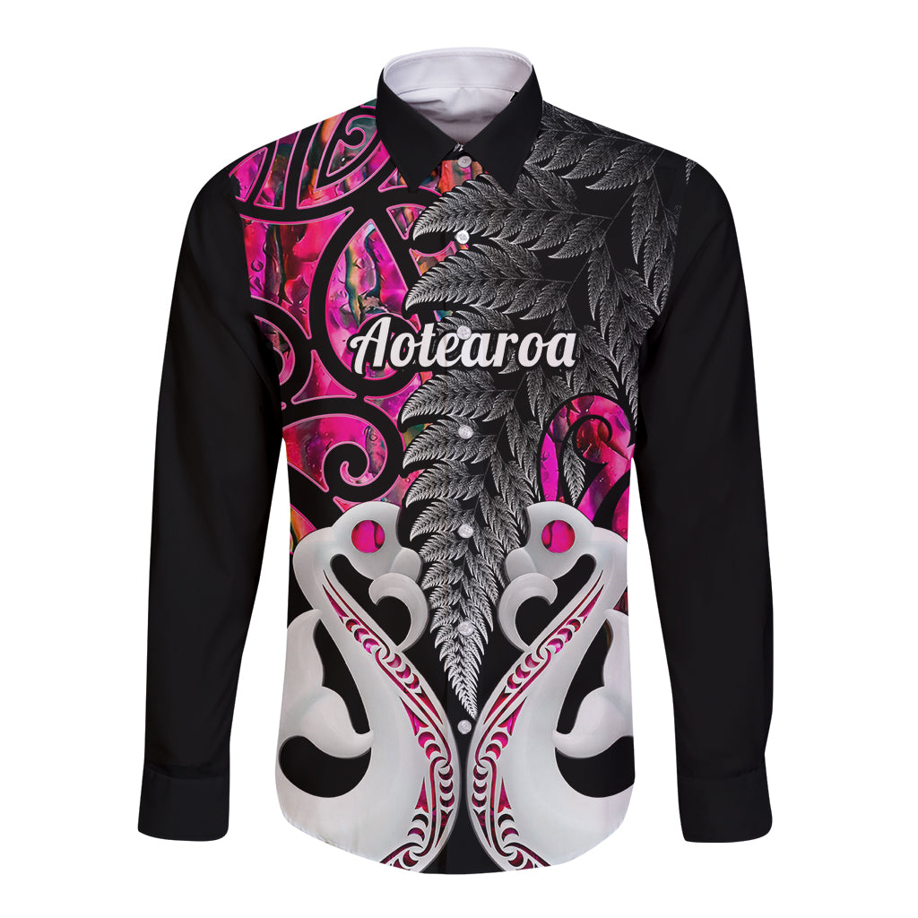 Personalised New Zealand Long Sleeve Button Shirt Te Manaia Mangopare Maori And Fern Pink Style LT14 Unisex Pink - Polynesian Pride