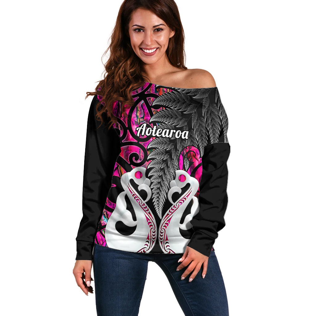 Personalised New Zealand Off Shoulder Sweater Te Manaia Mangopare Maori And Fern Pink Style LT14 Women Pink - Polynesian Pride