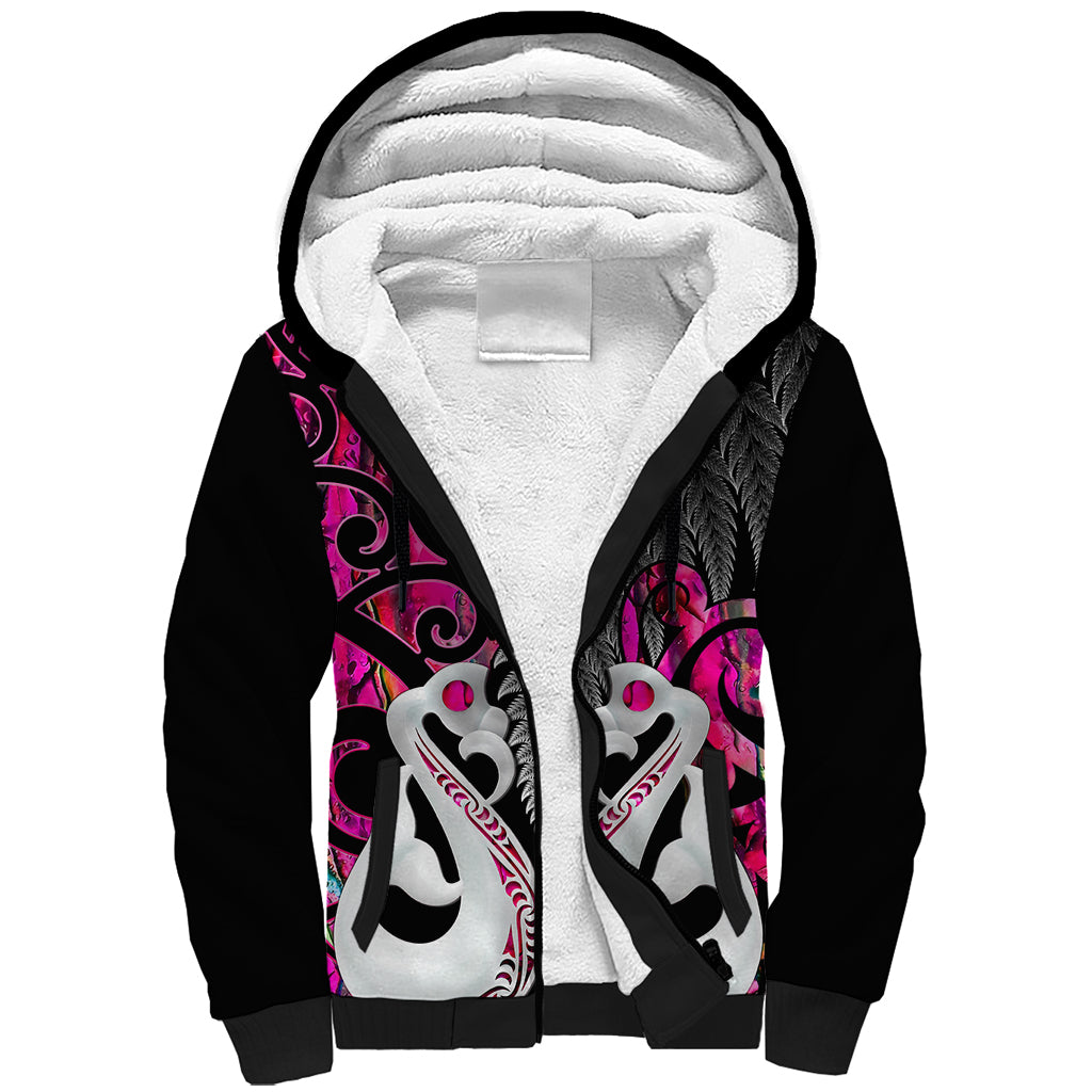 Personalised New Zealand Sherpa Hoodie Te Manaia Mangopare Maori And Fern Pink Style LT14 Unisex Pink - Polynesian Pride