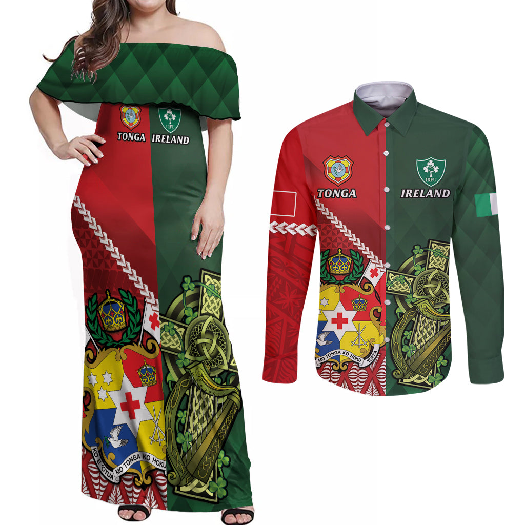 Custom Samoa And Ireland Rugby Couples Matching Off Shoulder Maxi Dress and Long Sleeve Button Shirt Ikale Tahi With Shamrocks