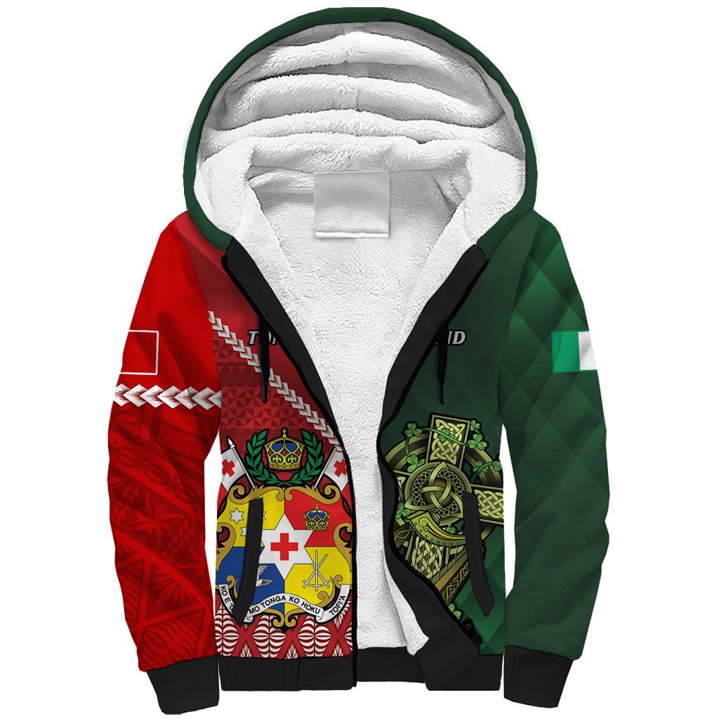 Custom Tonga And Ireland Rugby Sherpa Hoodie Ikale Tahi With Shamrocks LT14 Unisex Red - Polynesian Pride