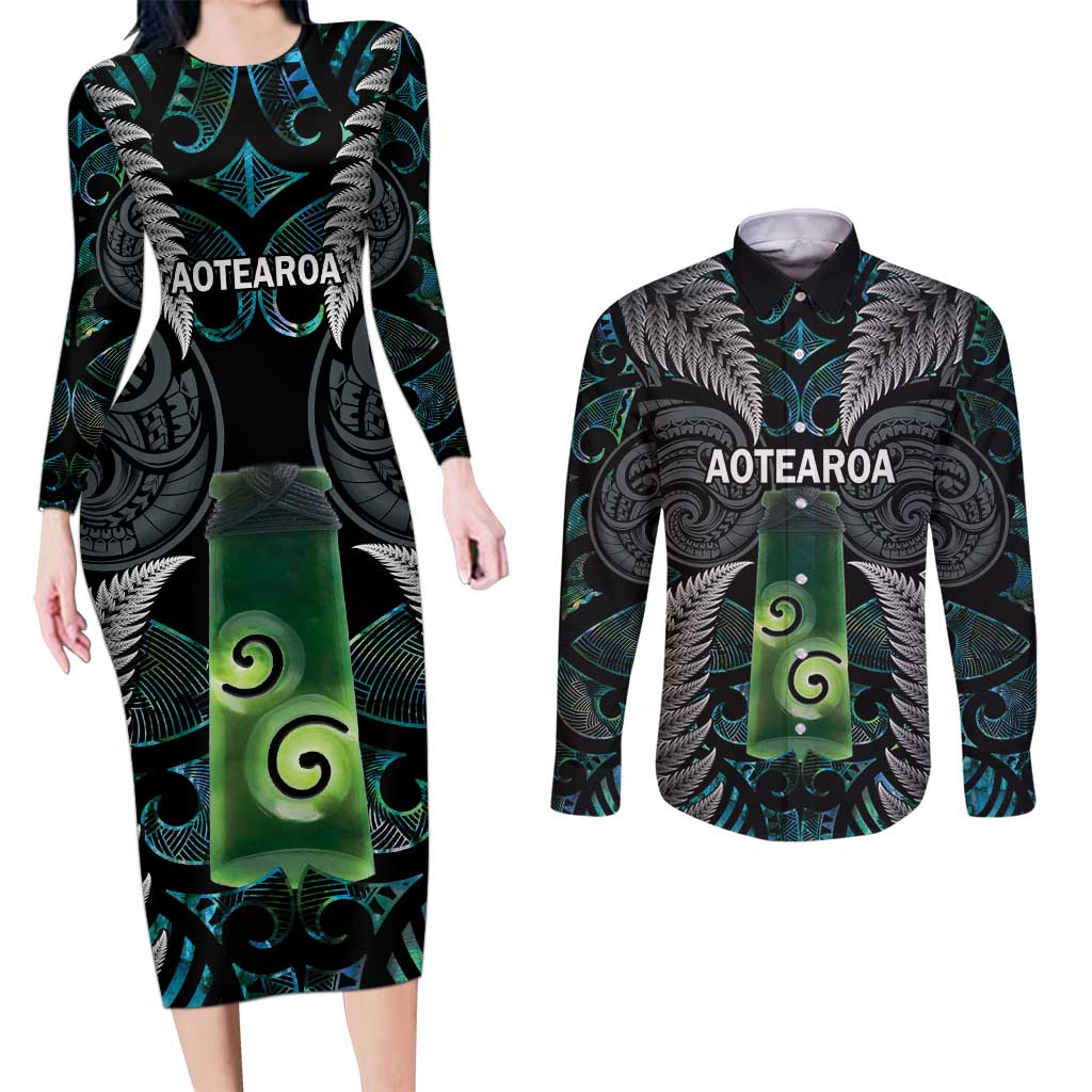Personalised New Zealand Toki Couples Matching Long Sleeve Bodycon Dress and Long Sleeve Button Shirt Silver Fern Mix Aotearoa Maori Pattern LT14 Black - Polynesian Pride