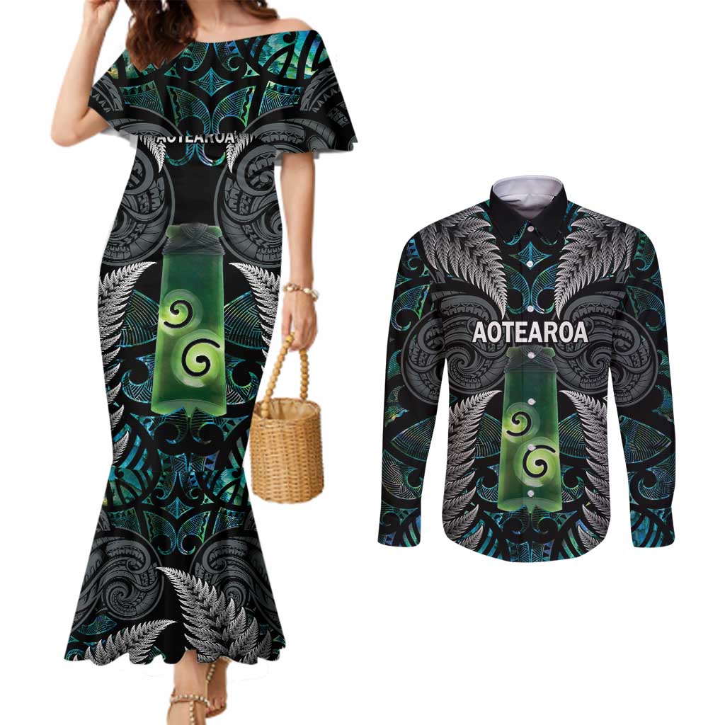 Personalised New Zealand Toki Couples Matching Mermaid Dress and Long Sleeve Button Shirt Silver Fern Mix Aotearoa Maori Pattern LT14 Black - Polynesian Pride