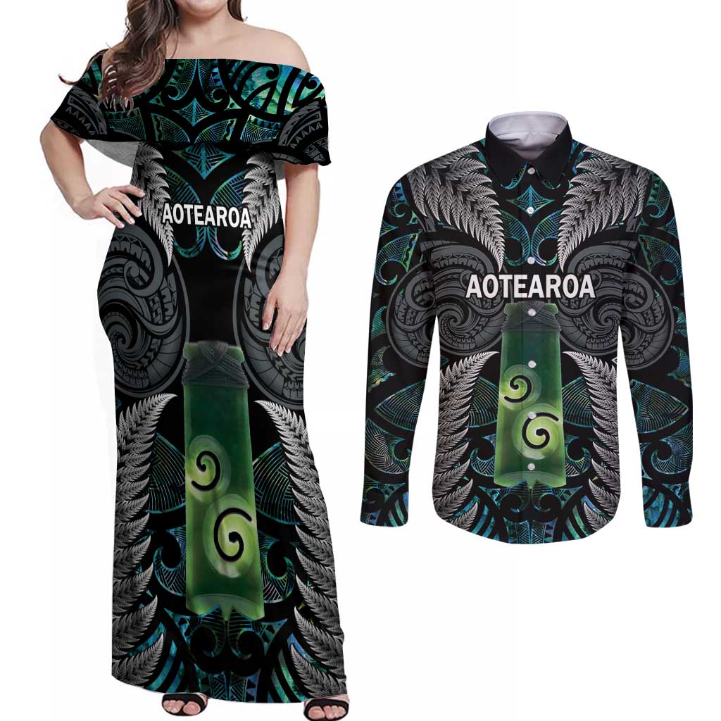 Personalised New Zealand Toki Couples Matching Off Shoulder Maxi Dress and Long Sleeve Button Shirt Silver Fern Mix Aotearoa Maori Pattern LT14 Black - Polynesian Pride