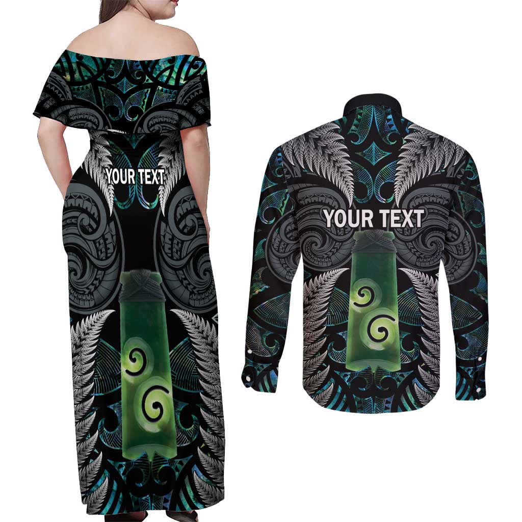 Personalised New Zealand Toki Couples Matching Off Shoulder Maxi Dress and Long Sleeve Button Shirt Silver Fern Mix Aotearoa Maori Pattern LT14 - Polynesian Pride
