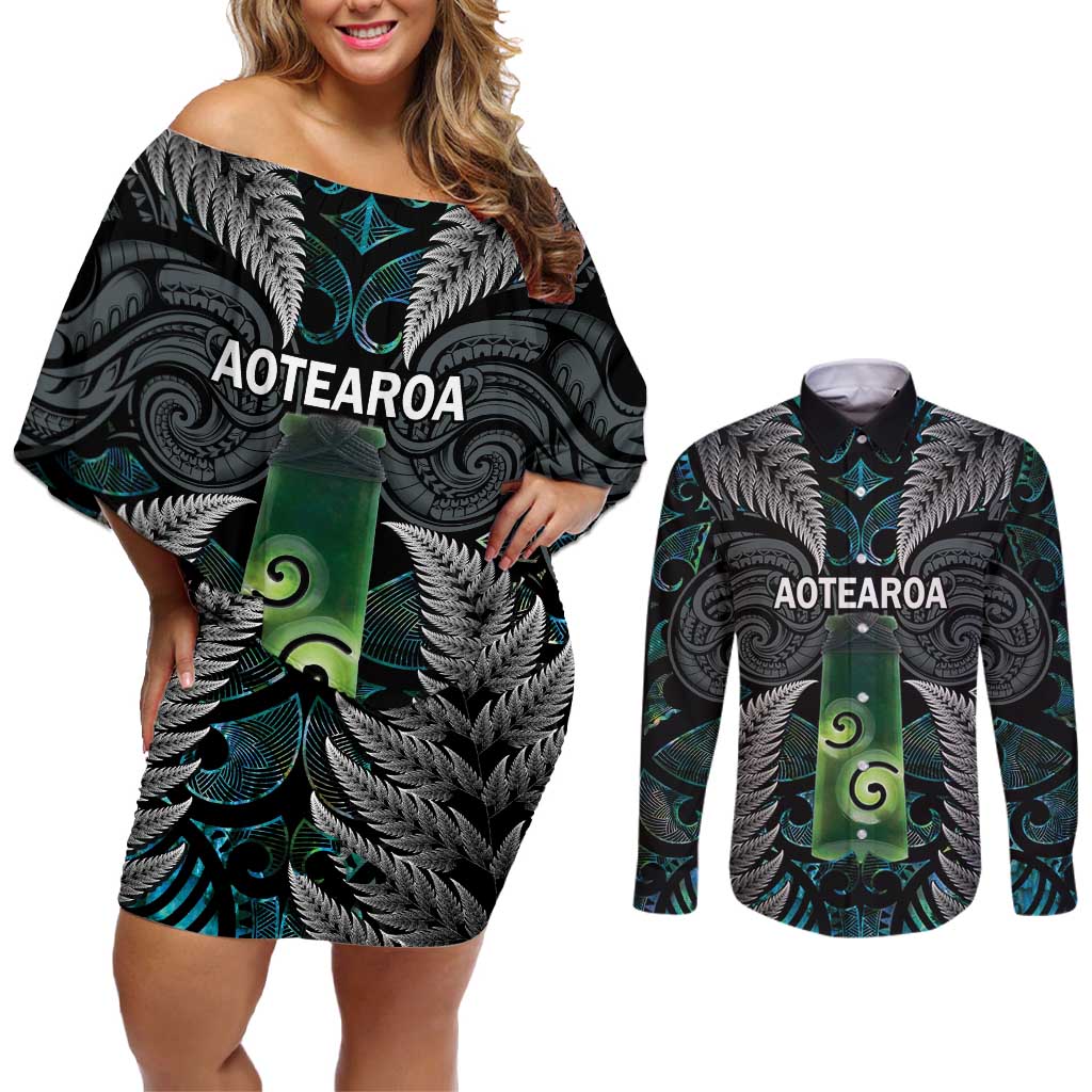 Personalised New Zealand Toki Couples Matching Off Shoulder Short Dress and Long Sleeve Button Shirt Silver Fern Mix Aotearoa Maori Pattern LT14 Black - Polynesian Pride