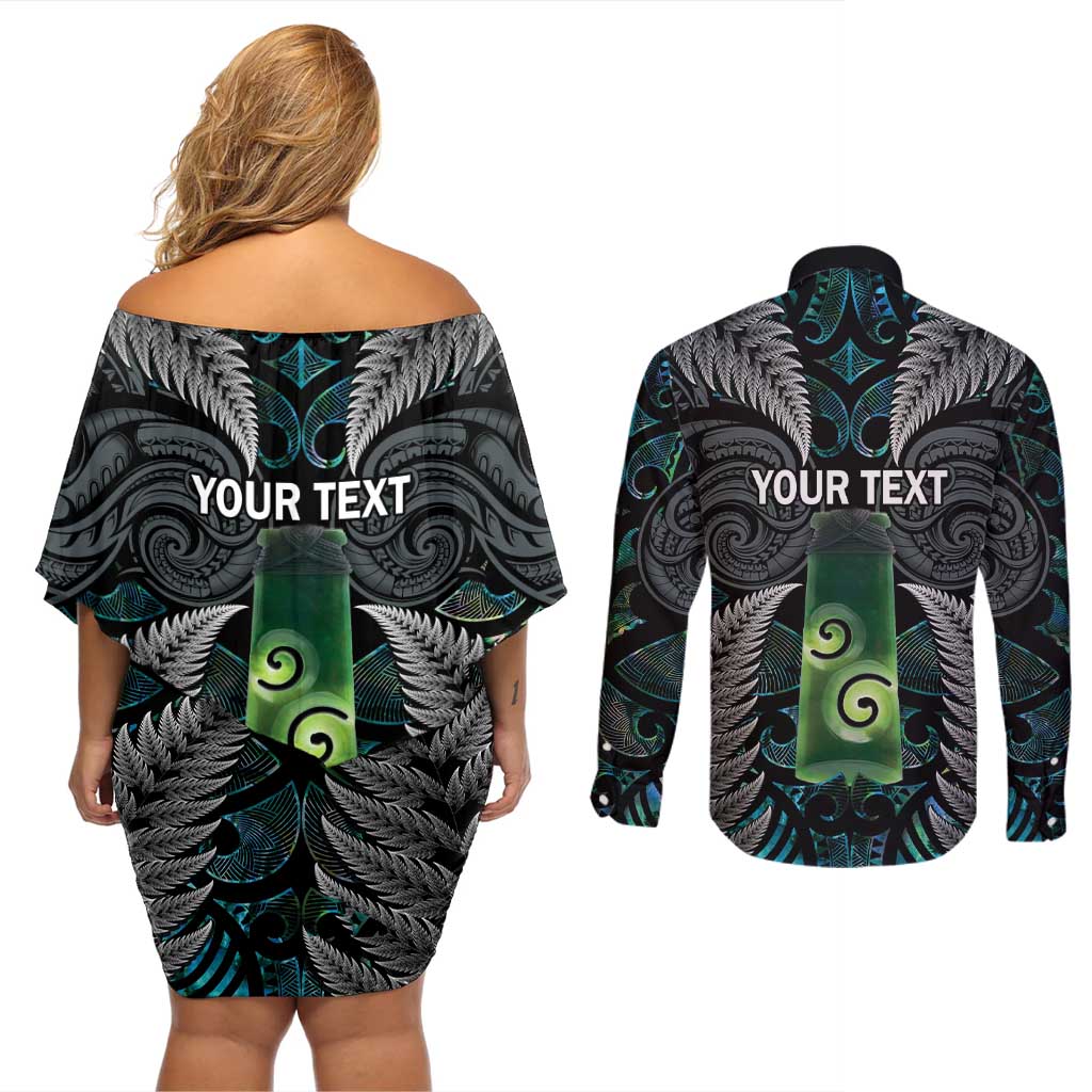 Personalised New Zealand Toki Couples Matching Off Shoulder Short Dress and Long Sleeve Button Shirt Silver Fern Mix Aotearoa Maori Pattern LT14 - Polynesian Pride