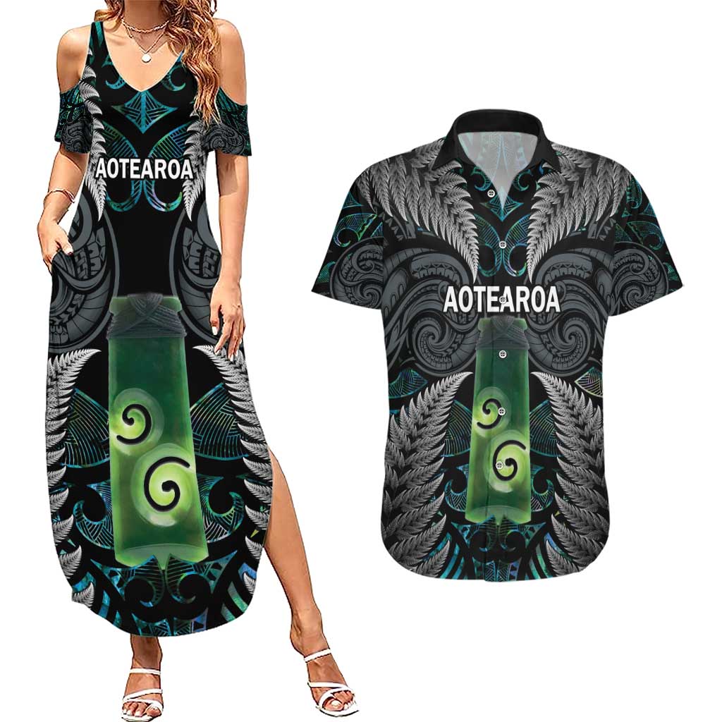 Personalised New Zealand Toki Couples Matching Summer Maxi Dress and Hawaiian Shirt Silver Fern Mix Aotearoa Maori Pattern LT14 Black - Polynesian Pride