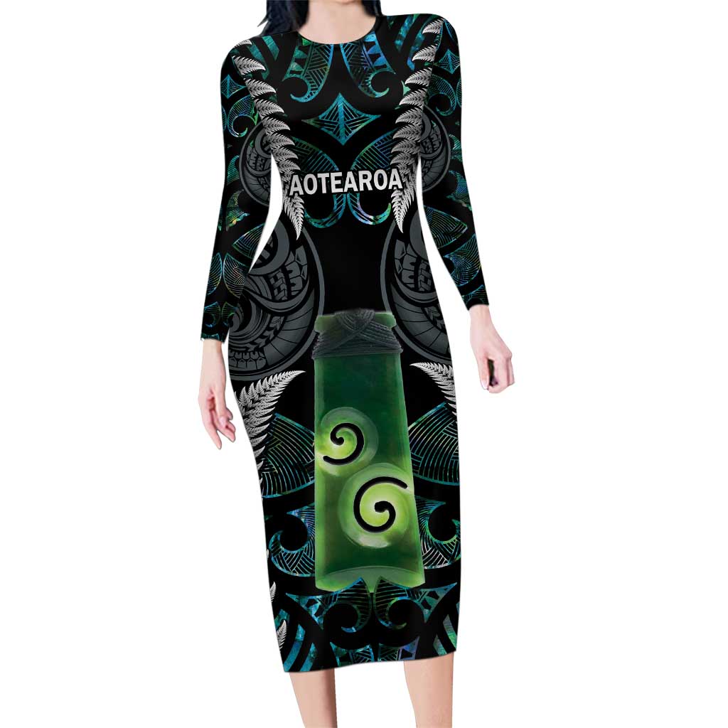 Personalised New Zealand Toki Family Matching Long Sleeve Bodycon Dress and Hawaiian Shirt Silver Fern Mix Aotearoa Maori Pattern