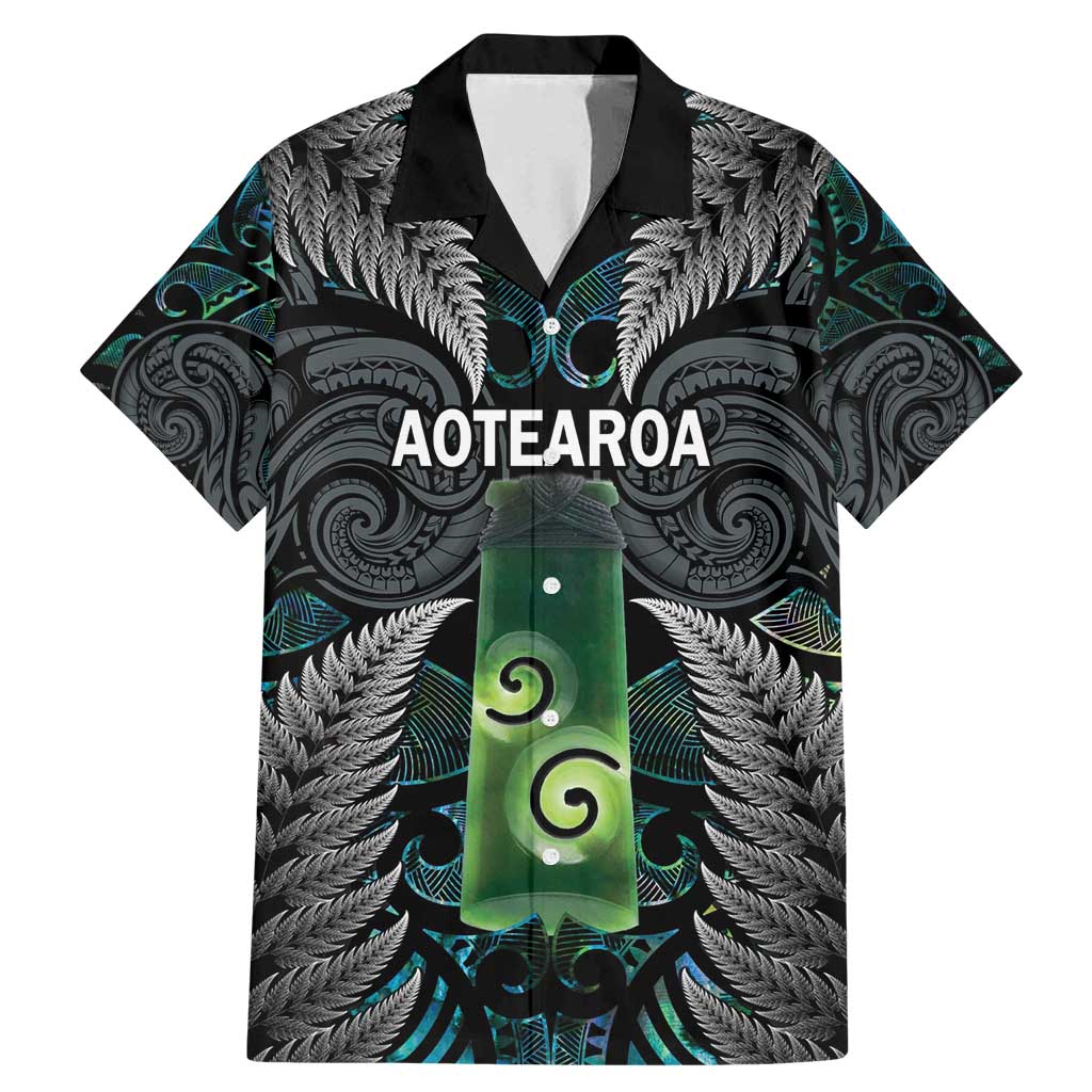 Personalised New Zealand Toki Family Matching Mermaid Dress and Hawaiian Shirt Silver Fern Mix Aotearoa Maori Pattern LT14 Dad's Shirt - Short Sleeve Black - Polynesian Pride