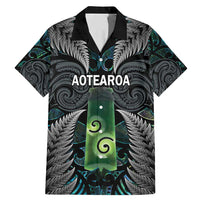 Personalised New Zealand Toki Family Matching Mermaid Dress and Hawaiian Shirt Silver Fern Mix Aotearoa Maori Pattern LT14 Dad's Shirt - Short Sleeve Black - Polynesian Pride