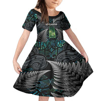 Personalised New Zealand Toki Family Matching Off Shoulder Maxi Dress and Hawaiian Shirt Silver Fern Mix Aotearoa Maori Pattern LT14 Daughter's Dress Black - Polynesian Pride