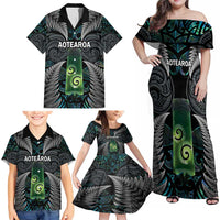 Personalised New Zealand Toki Family Matching Off Shoulder Maxi Dress and Hawaiian Shirt Silver Fern Mix Aotearoa Maori Pattern LT14 - Polynesian Pride