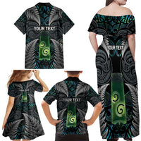 Personalised New Zealand Toki Family Matching Off Shoulder Maxi Dress and Hawaiian Shirt Silver Fern Mix Aotearoa Maori Pattern LT14 - Polynesian Pride