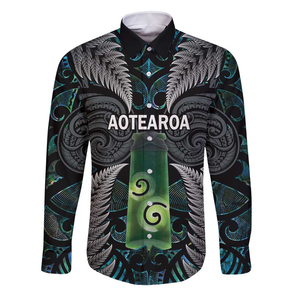 Personalised New Zealand Toki Family Matching Off Shoulder Maxi Dress and Hawaiian Shirt Silver Fern Mix Aotearoa Maori Pattern LT14 Dad's Shirt - Long Sleeve Black - Polynesian Pride