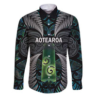 Personalised New Zealand Toki Family Matching Off Shoulder Maxi Dress and Hawaiian Shirt Silver Fern Mix Aotearoa Maori Pattern LT14 Dad's Shirt - Long Sleeve Black - Polynesian Pride