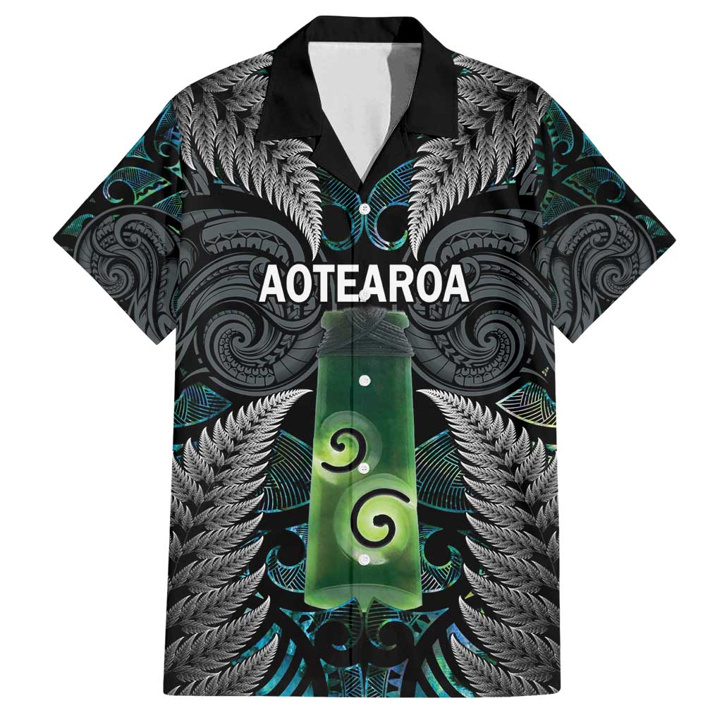 Personalised New Zealand Toki Family Matching Off Shoulder Short Dress and Hawaiian Shirt Silver Fern Mix Aotearoa Maori Pattern LT14 Dad's Shirt - Short Sleeve Black - Polynesian Pride