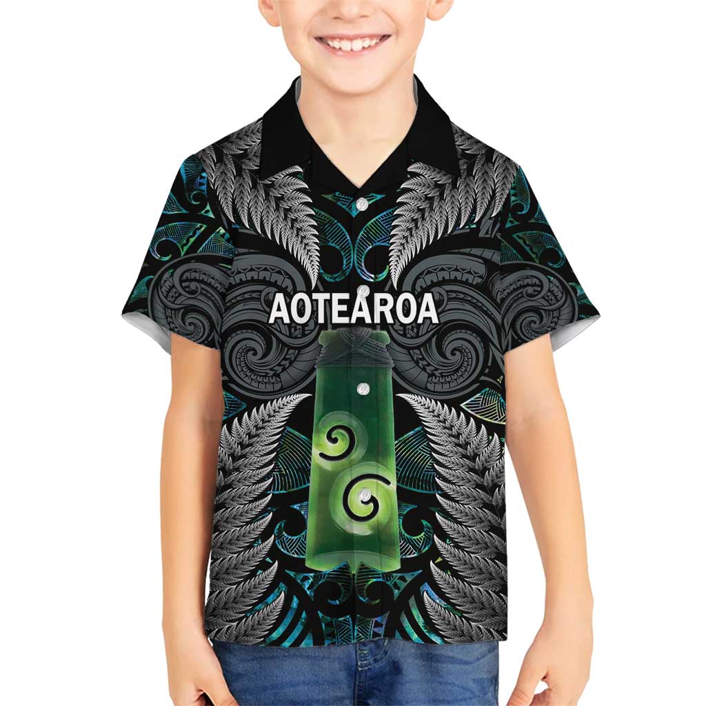 Personalised New Zealand Toki Family Matching Off Shoulder Short Dress and Hawaiian Shirt Silver Fern Mix Aotearoa Maori Pattern LT14 Son's Shirt Black - Polynesian Pride