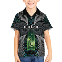 Personalised New Zealand Toki Family Matching Off Shoulder Short Dress and Hawaiian Shirt Silver Fern Mix Aotearoa Maori Pattern LT14 Son's Shirt Black - Polynesian Pride