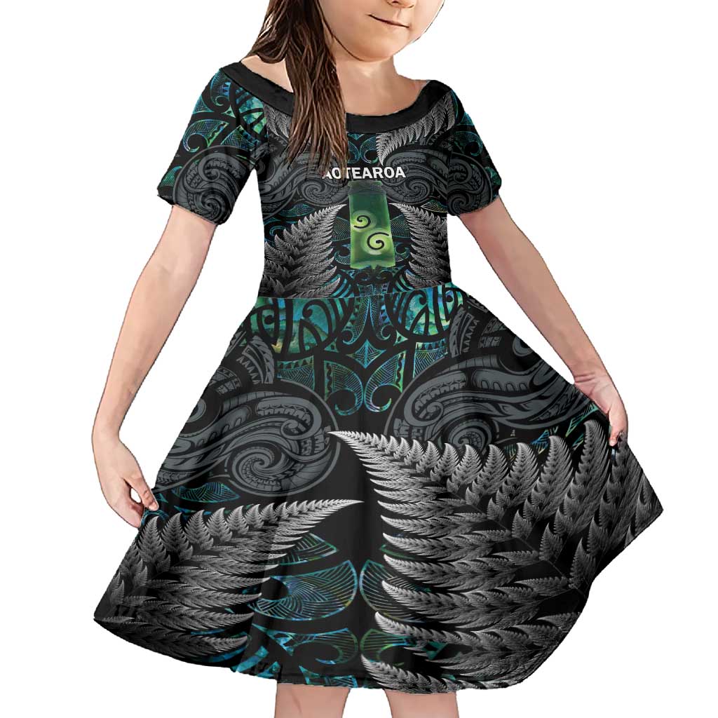 Personalised New Zealand Toki Family Matching Short Sleeve Bodycon Dress and Hawaiian Shirt Silver Fern Mix Aotearoa Maori Pattern LT14 Daughter's Dress Black - Polynesian Pride