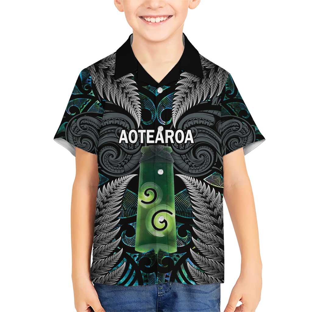 Personalised New Zealand Toki Kid Hawaiian Shirt Silver Fern Mix Aotearoa Maori Pattern LT14 Kid Black - Polynesian Pride