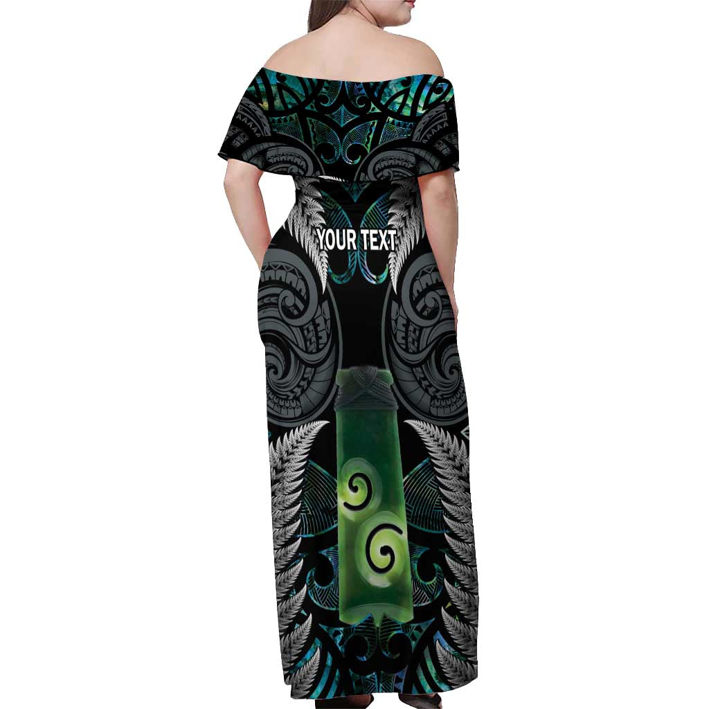 Personalised New Zealand Toki Off Shoulder Maxi Dress Silver Fern Mix Aotearoa Maori Pattern
