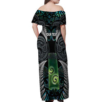 Personalised New Zealand Toki Off Shoulder Maxi Dress Silver Fern Mix Aotearoa Maori Pattern