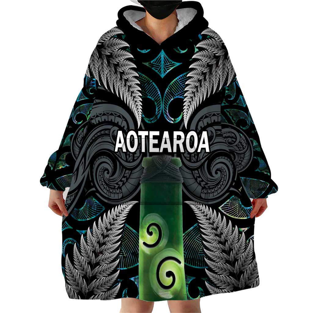 Personalised New Zealand Toki Wearable Blanket Hoodie Silver Fern Mix Aotearoa Maori Pattern