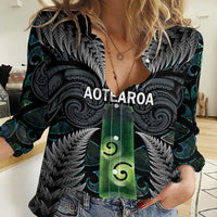 Personalised New Zealand Toki Women Casual Shirt Silver Fern Mix Aotearoa Maori Pattern LT14 Female Black - Polynesian Pride