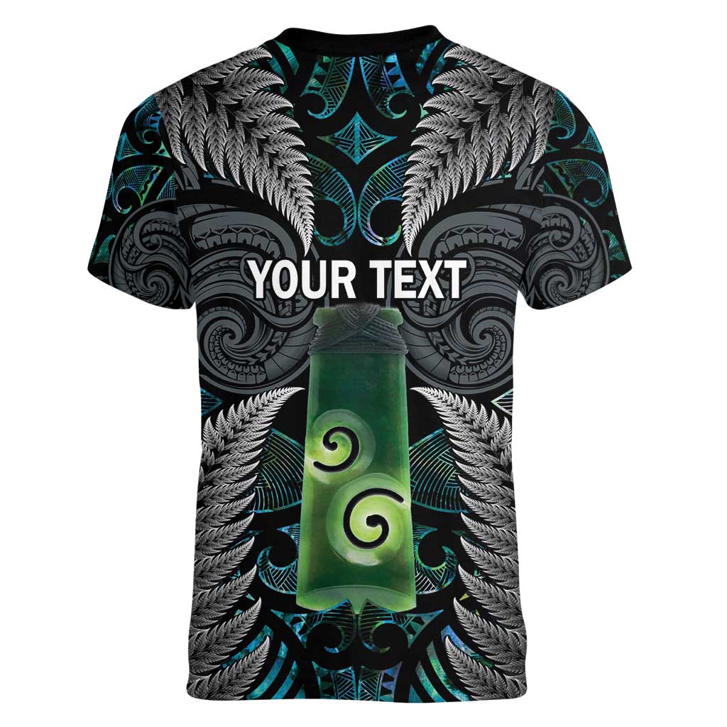 Personalised New Zealand Toki Women V-Neck T-Shirt Silver Fern Mix Aotearoa Maori Pattern LT14 - Polynesian Pride